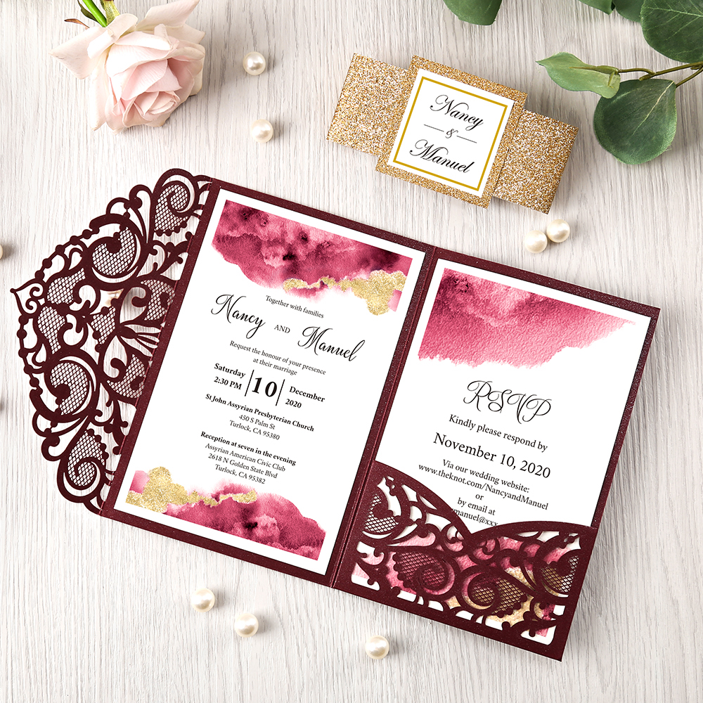 Red and Golden Laser cut lace invitation card - Invitationcards