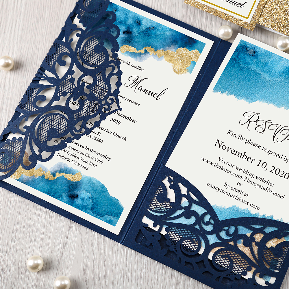 Blue and Golden Laser cut lace invitation card - Invitationcards