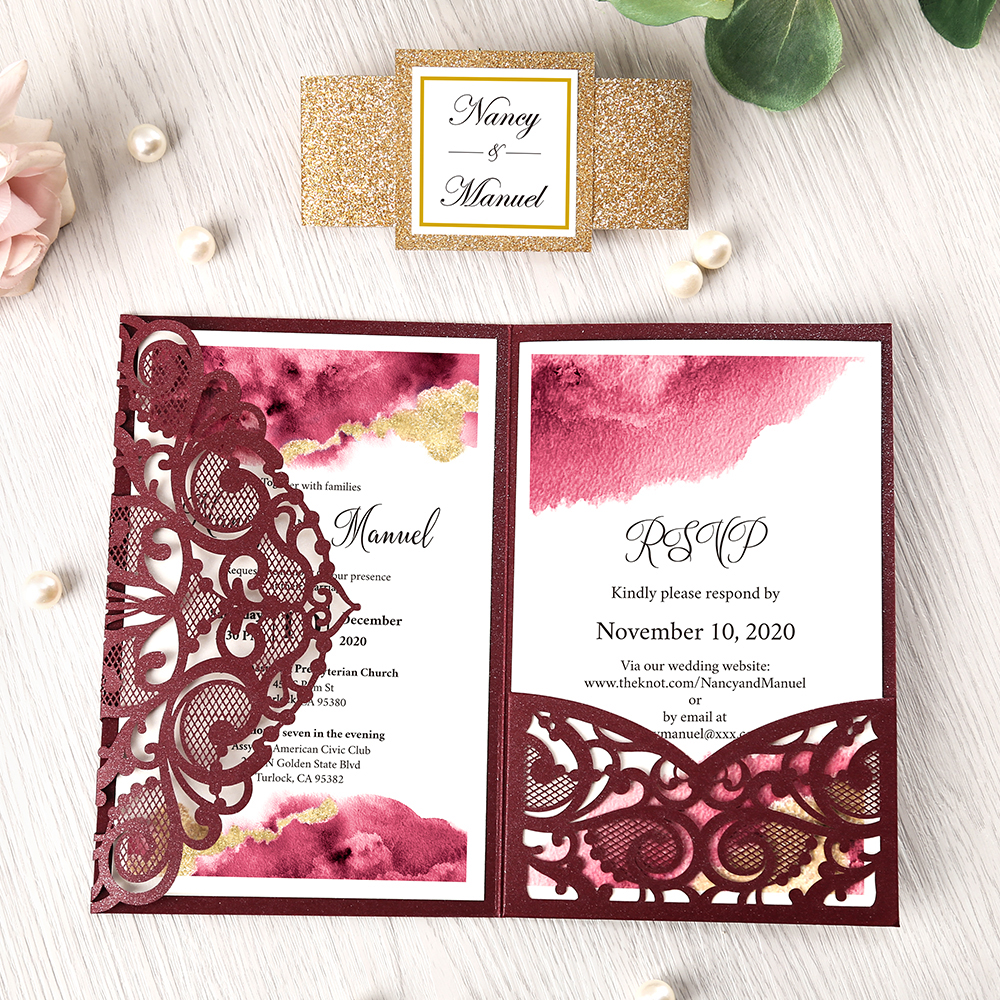 Red and Golden Laser cut lace invitation card - Invitationcards