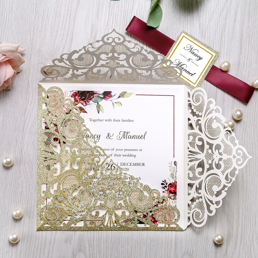 Blushing and Shining Golden laser-cut pocket invitation card ...