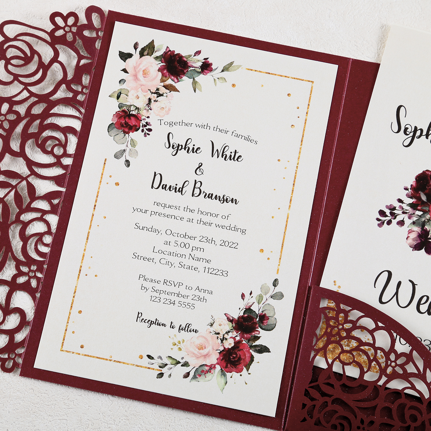 Burgundy solid floral laser-cut card - Invitationcards