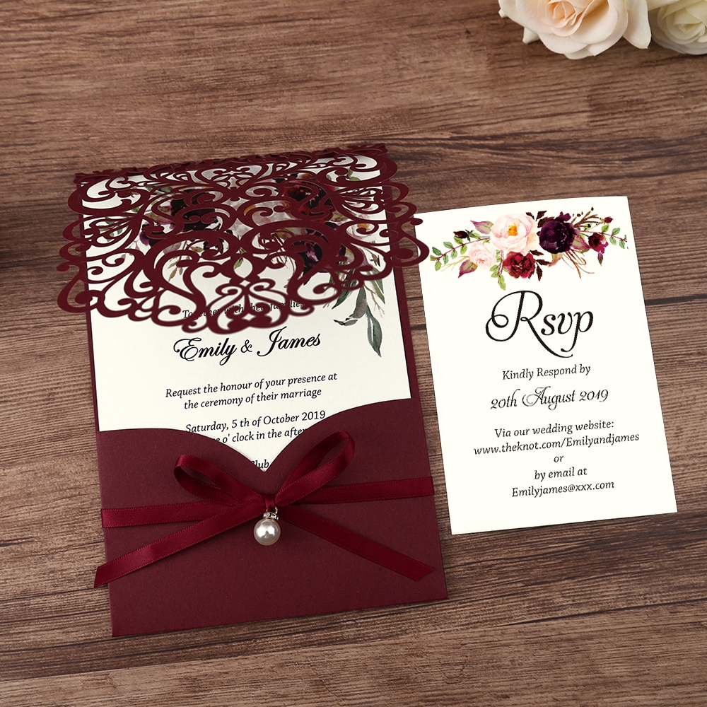 Burgundy laser cut invitation with a hanging pearl - Invitationcards