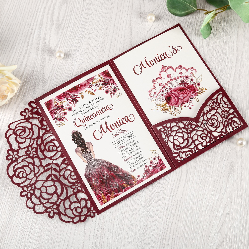 Burgundy solid floral laser-cut card - Invitationcards