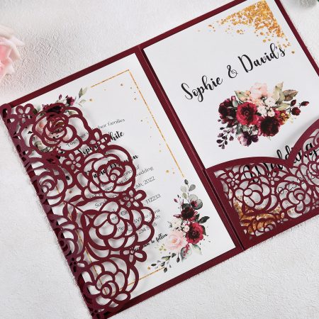 Burgundy solid floral laser-cut card - Invitationcards