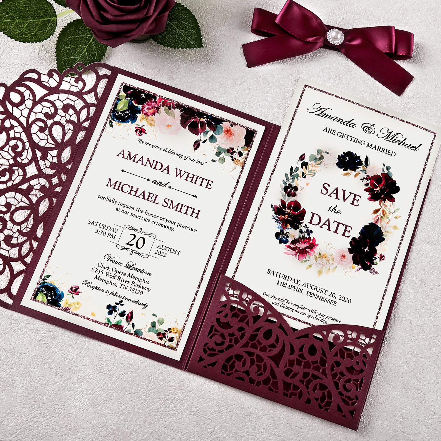 Blushing Red Laser-cut ribbon and pearl card - Invitationcards