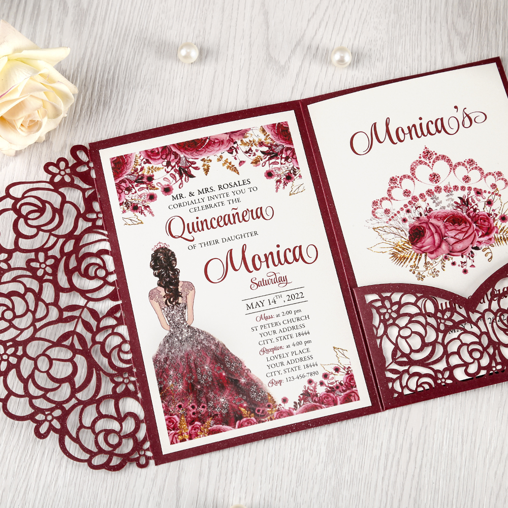 Burgundy solid floral laser-cut card - Invitationcards