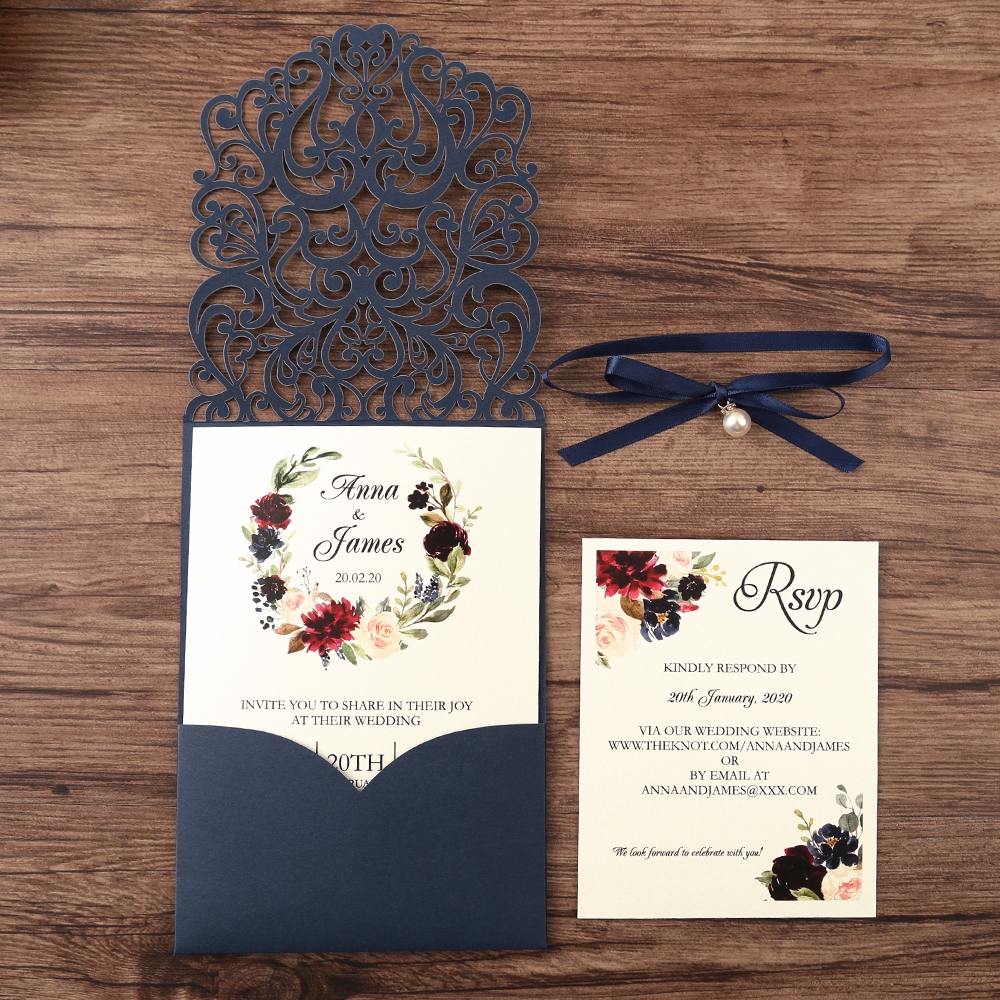 Blue Laser Cut Invitation With A Hanging Pearl - Invitationcards