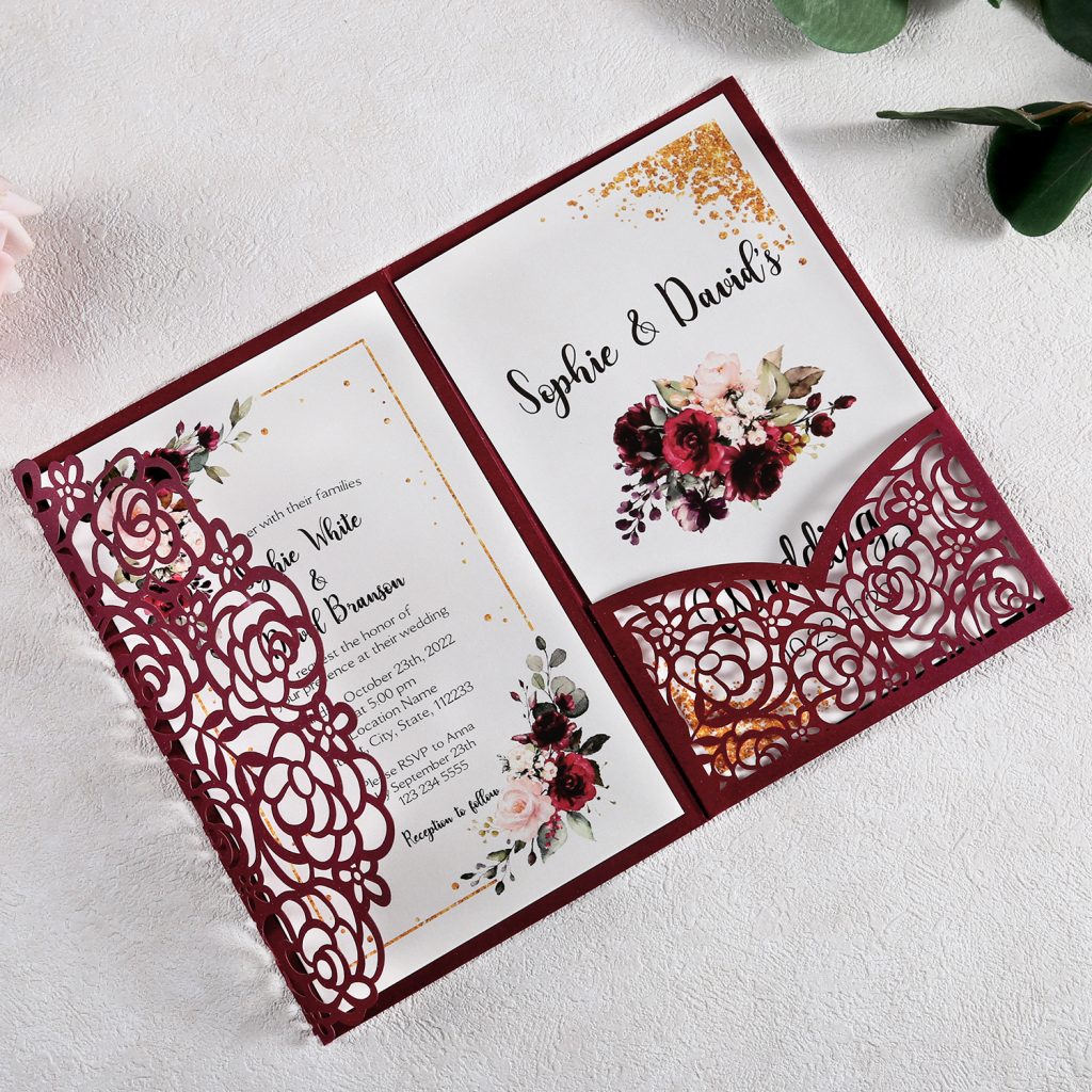 Burgundy Solid Floral Laser-cut Card - Invitationcards